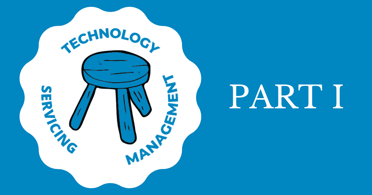 A graphic shows a three-legged stool labeled "Technology," "Servicing," and "Management" on each leg—symbolizing the Grease Trap framework—with "PART I" in large white letters on a blue background to the right.
