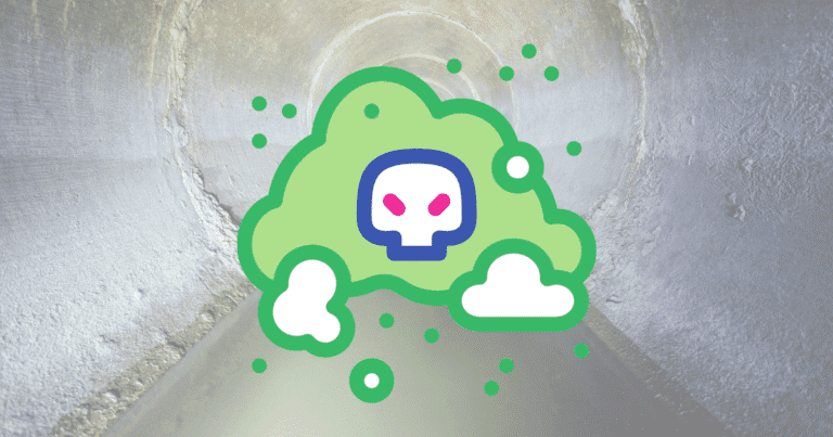 A green cartoon toxic cloud with a skull face, resembling fumes from a neglected grease trap, is superimposed over the interior of a concrete tunnel.