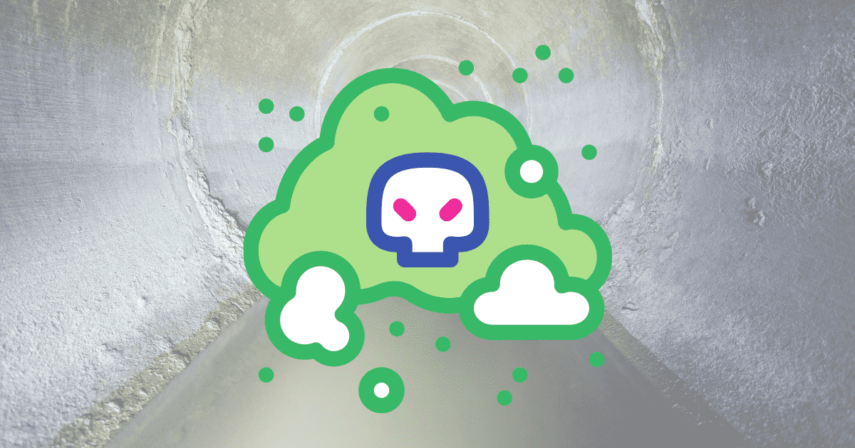 A green cartoon toxic cloud with a skull face, resembling fumes from a neglected grease trap, is superimposed over the interior of a concrete tunnel.