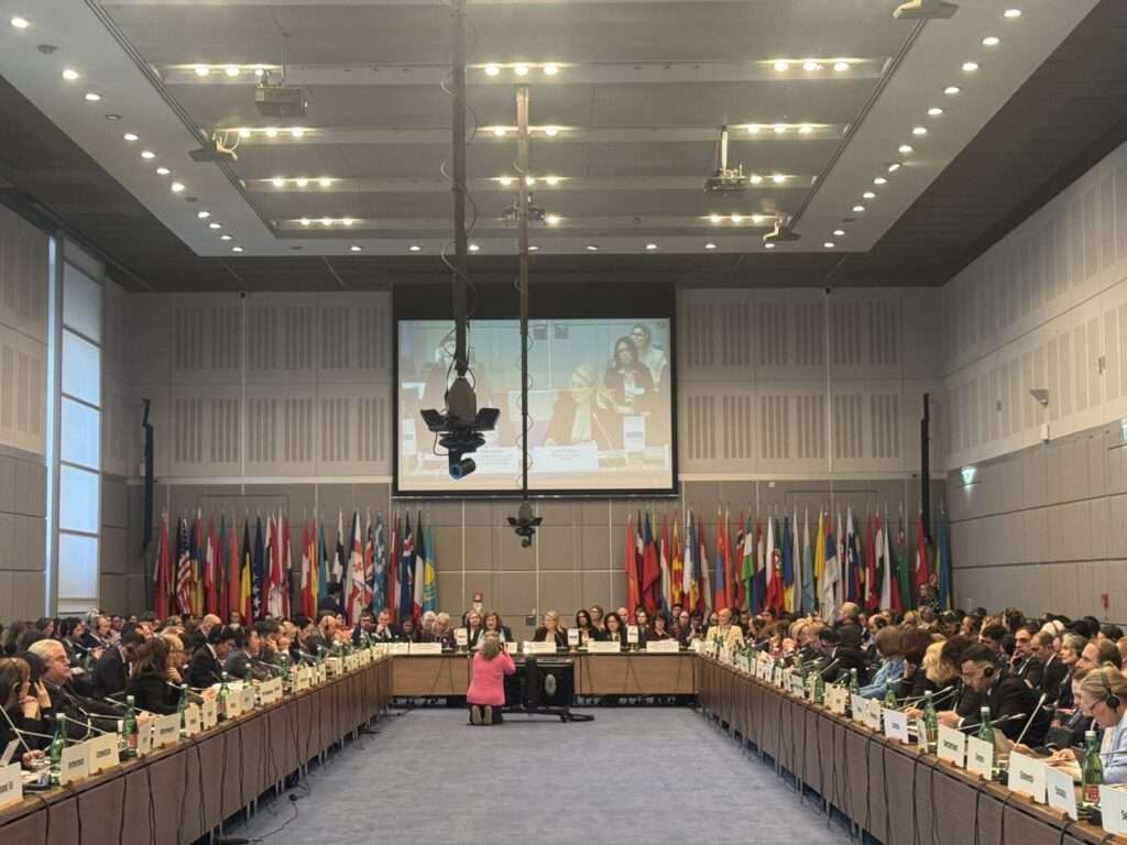 A large conference room with many people seated around a rectangular arrangement of tables; numerous national flags line the back wall and a large screen displays speakers at the front, while discussion touches on topics like grease trap regulations.