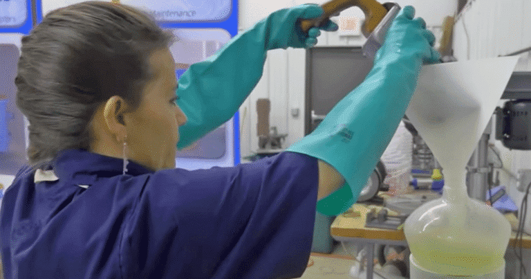 A person wearing turquoise gloves and a dark lab coat pours a yellow liquid through a funnel into a glass container, possibly simulating grease trap maintenance, in a laboratory setting with equipment visible in the background.