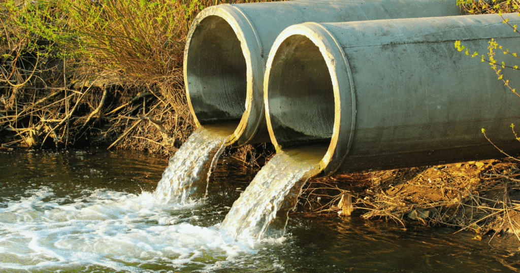 Two large concrete pipes, possibly connected to a grease trap system, are discharging water into a river or stream, with vegetation visible on the bank and flowing water below.